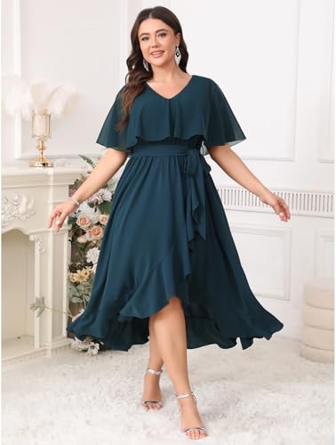 Image of Women Plus Size Long Formal Dress Short Sleeve Chiffon Ruffle V Neck High Low Split Wedding Guest Maxi Dresses