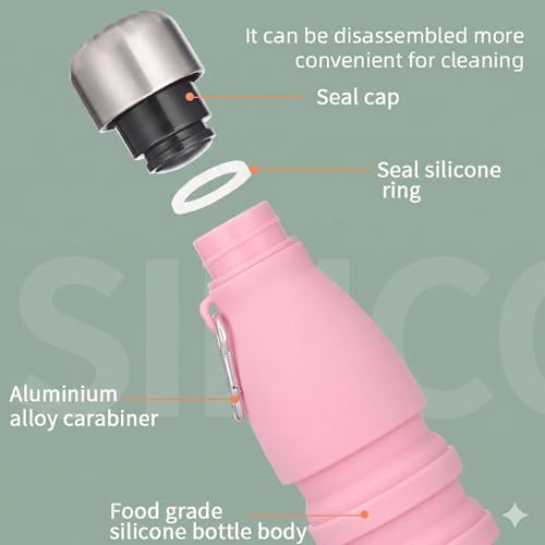 Image of ZENOVIA Collapsible Silicone Water Bottle with Clip | Foldable Leakproof BPA-Free Travel Water Bottle | Portable Reusable Drinking Bottle for Gym, Hiking, Camping, Office & Kids | Pink Pack of 1