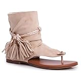PLAZRU Retro Flat Tassel Gladiator Sandals for Women Bohemian Clip-Toe Flocking Fringe Sandals Casual Summer T-Strap Sandals