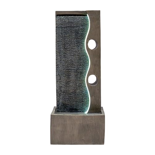 Fontaine de Jardin Cascade Électrique Extérieure Polyresine Gris 3 Lumières LED Blanc Chaud Pompe à Brancher Câble de 7 m Statue Droit Décor Maison Terrasse Harmony Falls [Brosse de Nettoyage INCLUS]