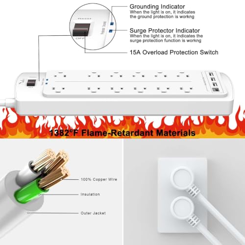 Image of Surge Protector Power Strip, Nuetsa 6Ft Flat Plug Extension Cord with12 Outlets and 4 USB Ports for Home, Office, Dorm Essentials, 2700 Joules, ETL Listed, White