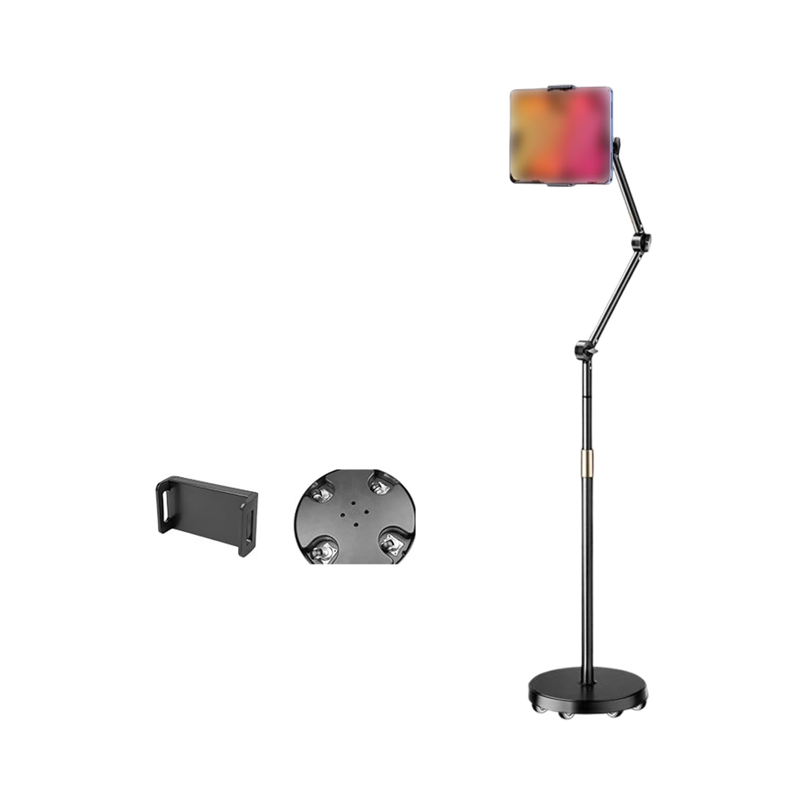 Brazo flexible multidireccional de sujeción para teléfono, soporte de suelo para creador de contenido, durabilidad, base de metal ABS, configuración rápida, soporte de suspensión ABS+metal, compatible