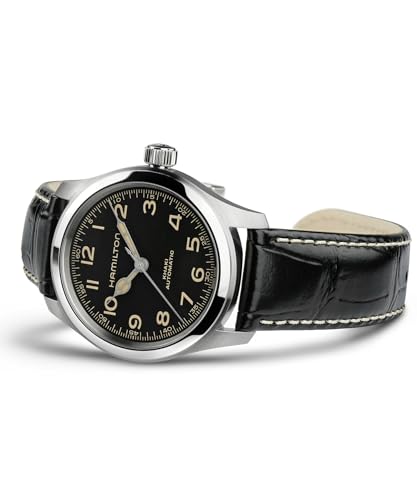 Image of Hamilton Khaki Field Murph Automatic Men's Watch, 38mm Stainless Steel Case, Swiss Made, Black Dial Analog Wrist Watch for Men, 100m Waterproof, Sapphire Crystal, 3-Hand Movement, Cow Leather Strap