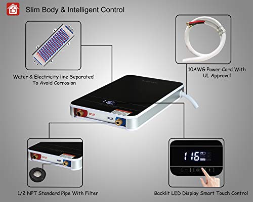 Electric Tankless Water Heater, ECOTOUCH 6.5KW 240V Smart Mini Water Heater Self-Modulating Showering Instant Hot Water Heater ECO65 Black - Thumbnail 3