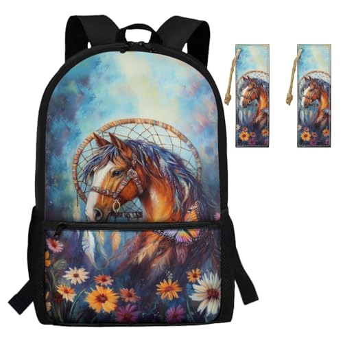 Daisy Horse Backpack for Girls 4-6 Dreamcatcher Bookbag with Zipper Pocket PU Leather Bookmarks Set of 2 Lightweight School Bag for Travel Outdoor