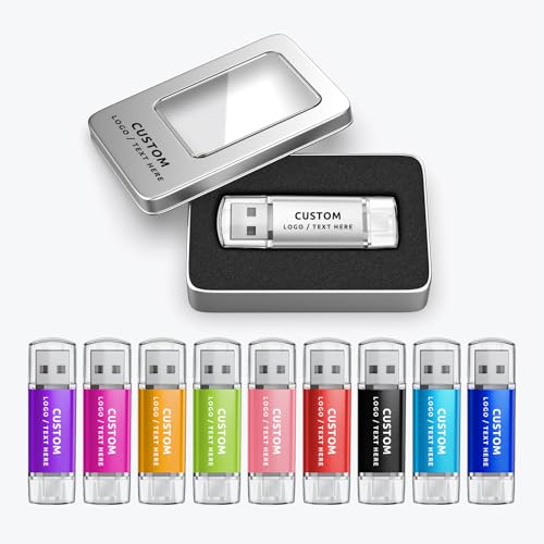 Custom OTG USB Flash Drive, 50 Pack Personalized Thumb Drive Dual USB Memory Stick Pen Drive, Ideal for Corporate Gifts, Business Events and Promotional Giveaways (128 GB,with Metal Box)