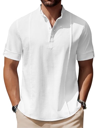 COOFANDY Men's Henley T-Shirts White Casual Collarless Shirts