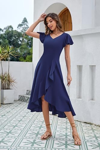 Image of HomRain V Neck Formal Wedding Guest Dresses for Women Ruffle Sleeves for Cocktail Graduation Modest Dress