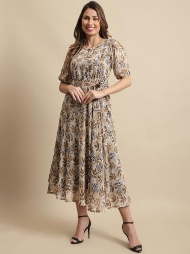 Preneum Women's Maxi Fit & Flare Latest Style Print Georgette Regular Sleeves Casual Summer Maxi Dress || Festival & Occasion, Brown, M