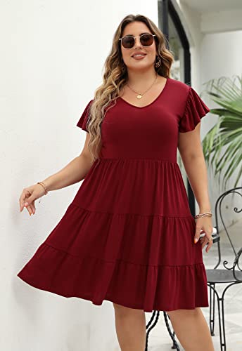 Image of Celkuser Womens Plus Size Summer Casual Midi Dress Short Ruffle Sleeve Tiered Empire Waist T-Shirt Dress with Pockets