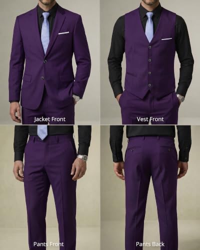 Image of YND Men's 3 Piece Suit with Tie, Solid Color Slim Fit Jacket Vest and Pants