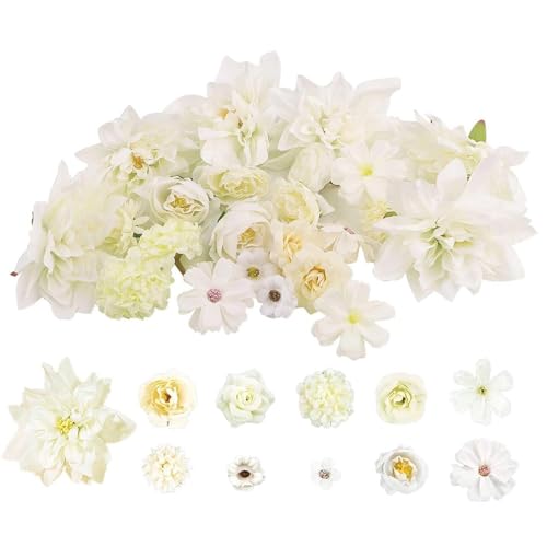 JTgugu 26 Stück Kunstblumen Köpfe 2-10cm Künstliche Blumenköpfe Verschiedene Sorten Blumen Mini Fake Kunstblume Flowers Künstlich Dekoblumen für DIY Hochzeit Party Tortendeko Handwerk Deko, Weiß