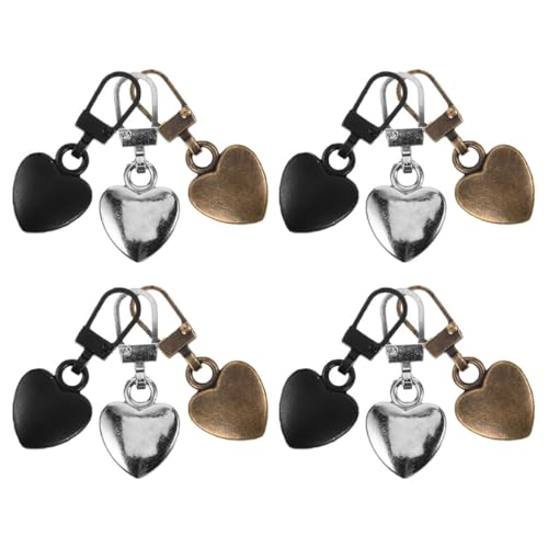 OATIPHO 12 Tiradores Metálicos Desmontables en Forma de Corazón, 3 Colores (negro, Plata, Cobre) Orificio Pequeño para Reparación de Cremalleras en Chaquetas, Mochilas, Zapatos y Maletas