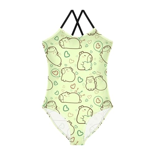 Girls One Piece Swimsuits Cute Capybara with Hearts Green Cute Swimwear Bathing Suits 3-10T