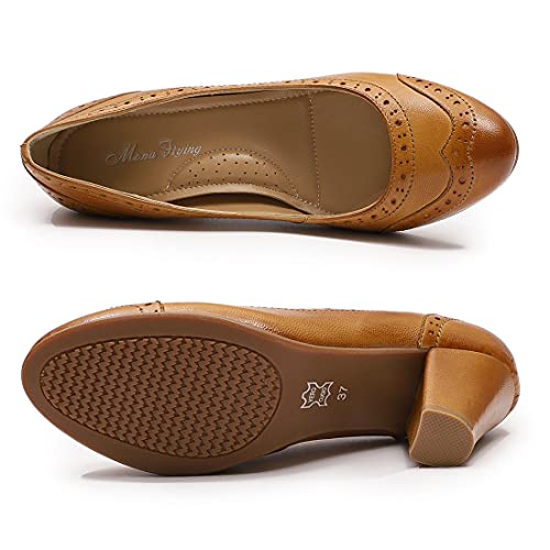 Mona Flying Women's Vintage Leather Oxfords Brogue Pumps Chunky High Heels Retro Round Toe Classic Dress Shoes #TOP3