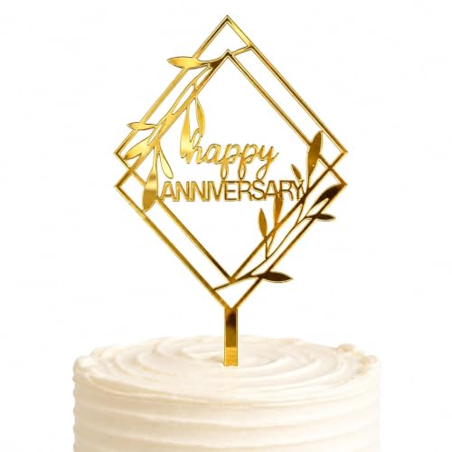 Gold Mirror Acrylic Happy Anniversary Cake Topper with Elegant Leaf Frame