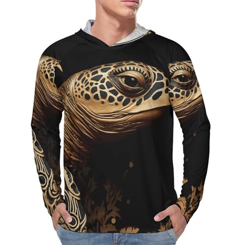 Men's Sun Shirts UPF 50+ Rash Guard Long Sleeve Sun Protection Hoodie Black and Gold Sea Turtle Pattern Lightweight Shirt M4