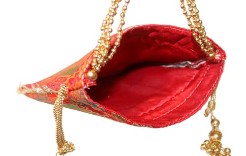 Image of MILAN'S CREATION Potli Banarasi Silk Brocade Bag Purse Drawstring Women's handbag with Pearl Handle & Tassel Weddings