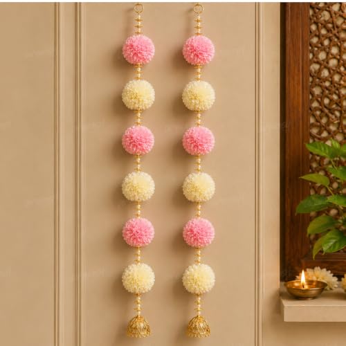 Image of DivyaKosh Floral Hanging Toran for Door & Wall Decor, Pack of 2, 36 Inch, 6 Flower, Pink Ivory, Pearl Beads & Golden Chhatra, Festive Home Decor