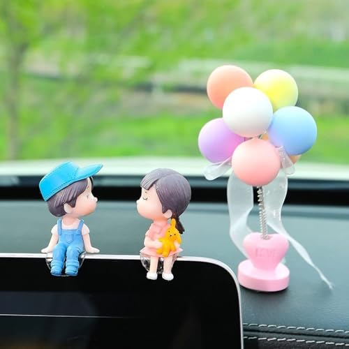 Image of Cute Car Decoration Lovely Couple Car Decoration Cute Cartoon Couples Action Figure Figurines Balloon Ornament Auto Interior Dashboard Accessories for Boys Girls Gifts (Blue hat,no Balloons)