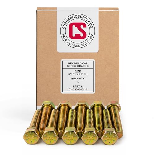 Image of Chenango Supply 5 /8-11 x 2 Grade 8 Hex Head Cap Screws | Alloy Steel Hex Bolts, 150,000 PSI Tensile Strength, Yellow Zinc Chromate Finish, USS Coarse Thread Fasteners (10 Pack)