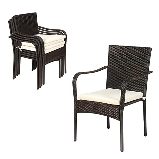 Tangkula Set of 4 Patio Dining Chairs, All Weather Stackable Rattan Chairs with Removable Cushions and Armrests, Outdoor Bistro Wicker Dining Chair Set for Balcony Poolside Backyard (Brown)