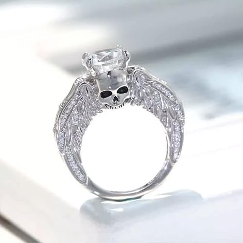 Jewels Store 3.2 Ct Round Cut White Diamond Gothic Skull Wing Design Engagement Ring In 925 Sterling Silver White Gold Finish (Silver, 6) #TOP3