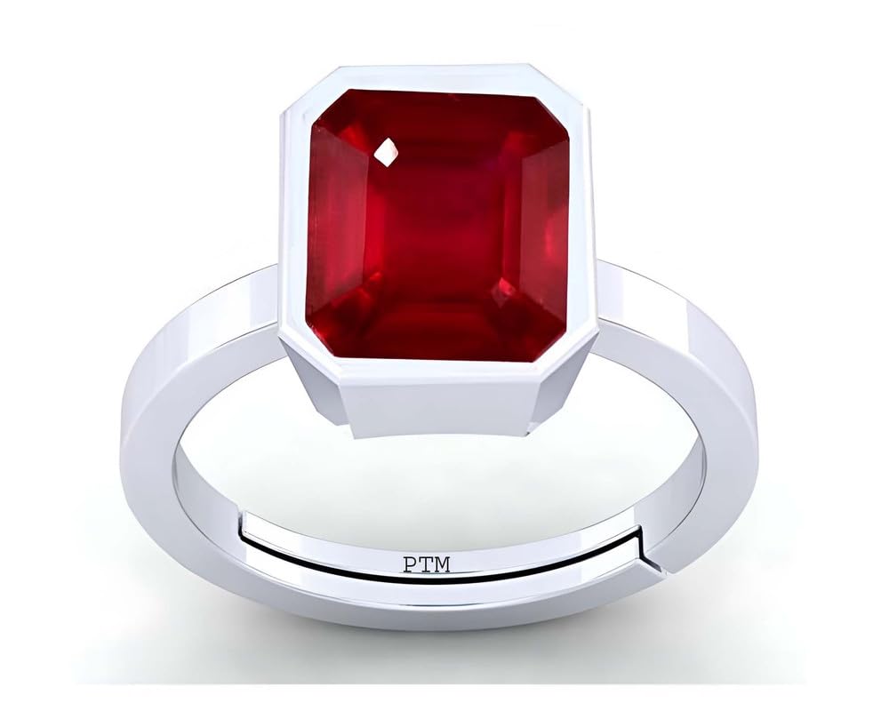 PTM Natural Ruby/Manik 3.25 to 10.25 Ratti or 3.00 to 9.50 Carat Astrological Certified Gemstone Pure Sterling Silver/925 bis Hallmark Adjustable Ring for Men and Women
