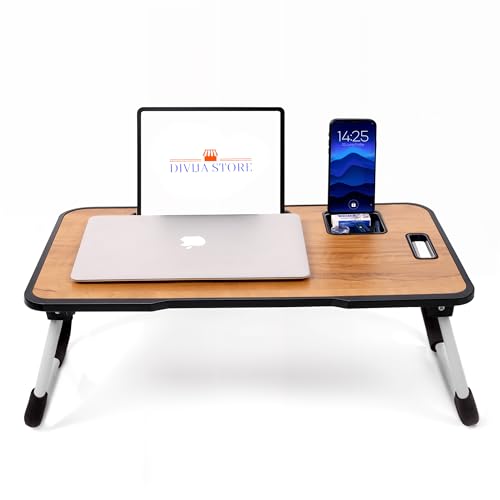 Image of Foldable Wooden Laptop Bed Tray Table, Multifunction Lap Tablet Desk with Cup Holder, for Eating Breakfast, Reading Book, Working, Watching Movie on Bed (Wood Bidding)