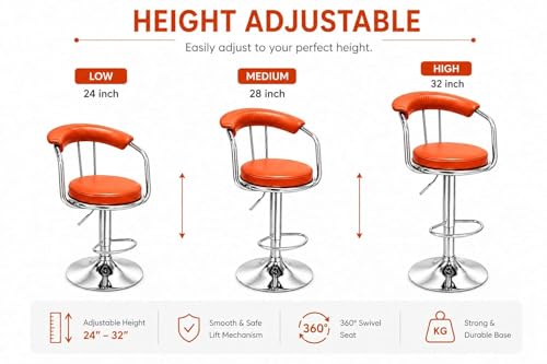 Image of Kemon Modern Adjustable Swivel Bar Stool Chair with Backrest, PU Leather Hydraulic Counter Stool with Footrest for Kitchen Island, Cafe & Home Bar (1, Orange, Round Barrel Stool)