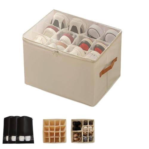 Emboadlie Boîte de rangement en tissu pour chaussures, peut contenir jusqu'à 16 paires, avec séparateurs réglables et couvercle transparent (basique-beige)