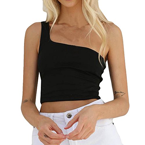 â– LATINDAY â– Women One Shoulder Crop Tops Sleeveless T-Shirt Tank Tops Summer Beach Vest Bare Midriff Fashion Clothes Black