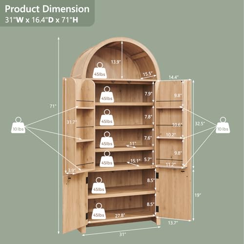 Image of IFGET 71 inch Tall Arched Kitchen Pantry, Modern Fluted Wood Storage Cabinet with Doors, 3 Adjustable Shelves, 6 Door Shelves, Organizer, Versatile Cupboard for Kitchen, Bathroom, Natural