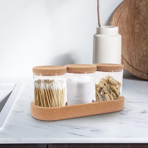 CheurYae Wattestäbchen Halter,3er Set,Wattepadspender Set,Kork Abdeckung Wattepadspender mit Basishalter,Glasgefäße zur Aufbewahrung von Schönheitseiern, Lederbändern