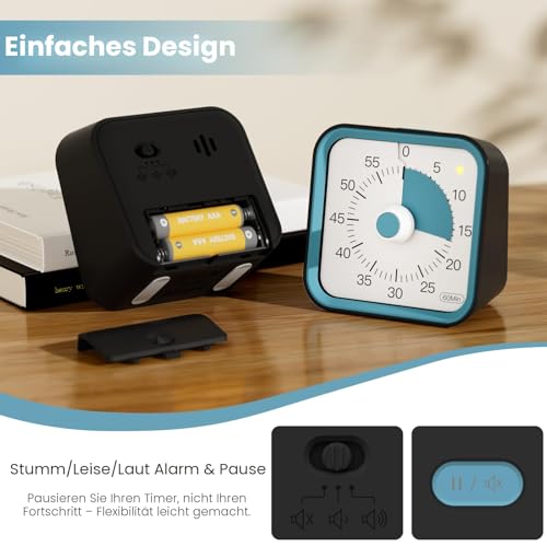 InfPokid Visueller Timer Kinder mit Pausenfunktion, 60 Minuten Countdown Timer für Kinder Schreibtischstudie, Bürotisch und Meetings, Kochen in der Küche, Leises Zeitmanagement für ADHS (Schwarz) 4
