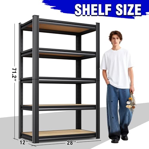 Image of 4 Pack Heavy Duty Garage Shelving - 1900 LBS Capacity 5-Tier Metal Storage Shelves, 71 inchH x 28 inchW x 12 inchD Adjustable Steel Utility Rack, Compact Storage Shelf for Pantry, Closet, Basement, Shed - Black