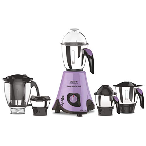 Vidiem Mixer Grinder 556 A (Lavender with Black) | 750 watt Mixer Grinder with 5 Jars in-1 Juicer mixer | Leakproof Jars with self-lock for wet & dry spices,chutneys & Curries | 5 Years Warranty