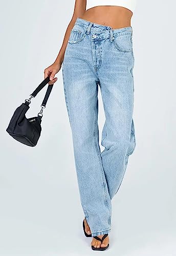 PLNOTME Women's Low Waisted Jeans Trendy Straight Leg Boyfriend Crossover Casual Denim Pants2