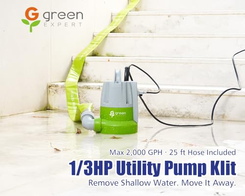 Image of Green Expert 1 /3HP Submersible Sump Pump Kit with 25FT Lay-Flat Discharge Hose, Pump with Hose, Water Sensor Automatic /Manual Low Water Drain Pump for Basement Pool Cover Hot Tub