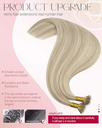 Image of Moresoo Nano Hair Extensions Real Human Hair, Ash and White Blonde, 14 Inch | 50g 50 strands, lightweight nano ring placement, adds buildable fullness for fine hair and everyday styling