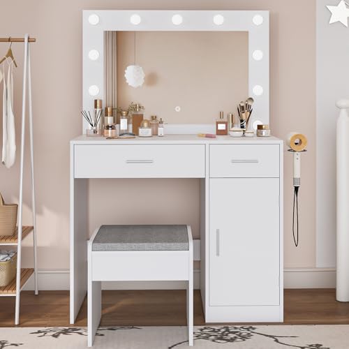Image of Viaozutis Makeup Vanity with Stool, Large Drawer and Power Socket with 11 Light Bulbs and 3 Adjustable Lighting Modes, Vanity Table for Bedroom (White)
