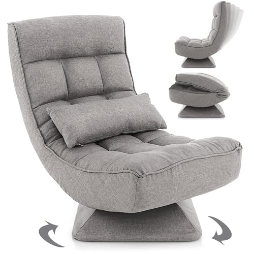RELAX4LIFE Poltrona da Terra con Base Girevole, Poltrona Relax con Schienale Reclinabile in 4 posizioni, Adatta per Camera da Letto, Ufficio e Soggiorno (71-100 x 63 x 83-92,5 cm, Gray, 1)