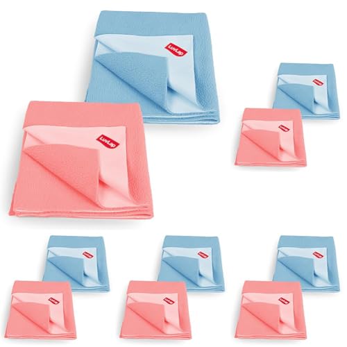 Image of LuvLap Instadry Waterproof Baby Dry Sheet, Small Size 50x70 cm, Extra Absorbent Quick Dry Sheet for New Born,Toddler, Anti-Piling Fleece for Baby, Bed Protector, Pack of 10, Sky Blue & Salmon Rose