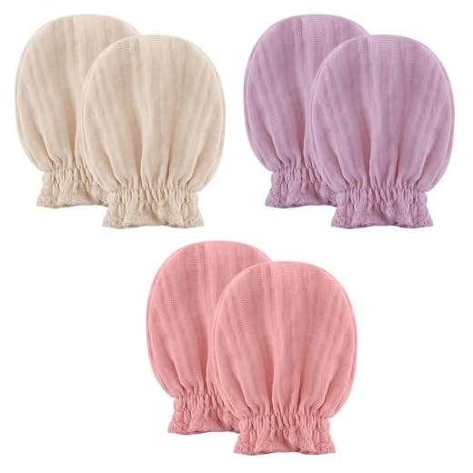 Pro Goleem 3-Pack Baby Mittens for Newborn, No Scratch Soft Breathable Mitts with Elastic Strap for Newborn Baby Girls 0-6 months, Purple Pink Beige