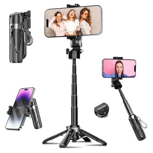 Image of WeCool 4 in 1 Mini Selfie Stick for Mobile, Tripod Stand with One-Click Auto OpenLegs, Premium Aluminum Build 5Section Telescopic Pole, 360Rotation,Rechargeable Remote, Pocket-size for Travel,Vloging