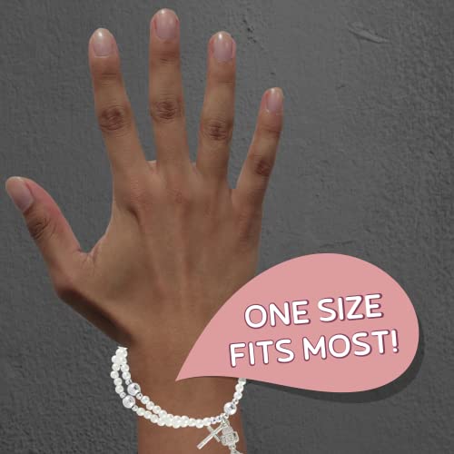 Image of Needzo First Communion Imitation Pearl Rosary Bracelet with Cross and Chalice Charms, Baptism Jewelry Gift, One Size Fits Most