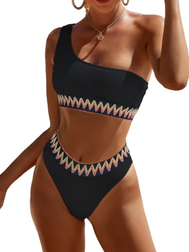 Image of YIMISAN Women's Ribbed Bikini Sets One Shoulder Top with Mid Waist Two Piece Bathing Suit
