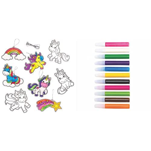Baker Ross Unicorn Suncatcher Decorations (Pack of 8)(AR384) and Suncatcher Paint Pens Bumper Pack (Pack of 12)(AT943)