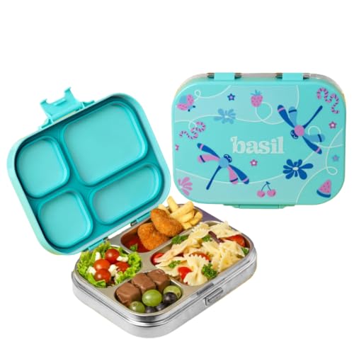Image of Basil Bento Box Quad - 4 Compartment Stainless Steel Lunch Box with BPA-Free Plastic Lid | 800 ml Leak-Proof Tiffin Box for Kids & Adults | Premium School, Office, and Picnic Lunch Box - Teal Garden