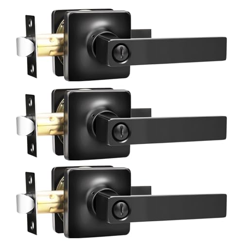 Image of GOBEKOR 3 Pack Matte Black Privacy Door Handles Black Lever Door Handle Interior with Lock Square Privacy Door Levers Black Interior Door Handles Modern DoorHardware